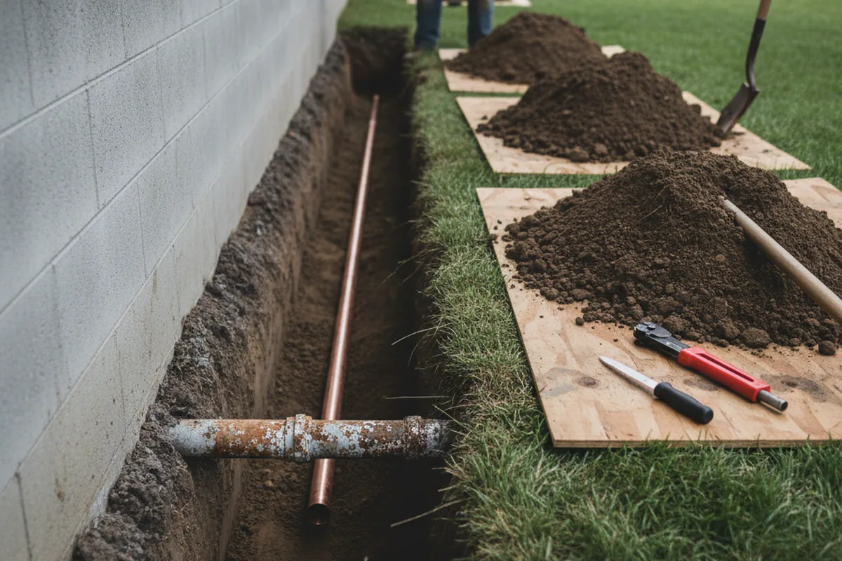 Excavated water line trench during Sewer Line Repair in Minersville